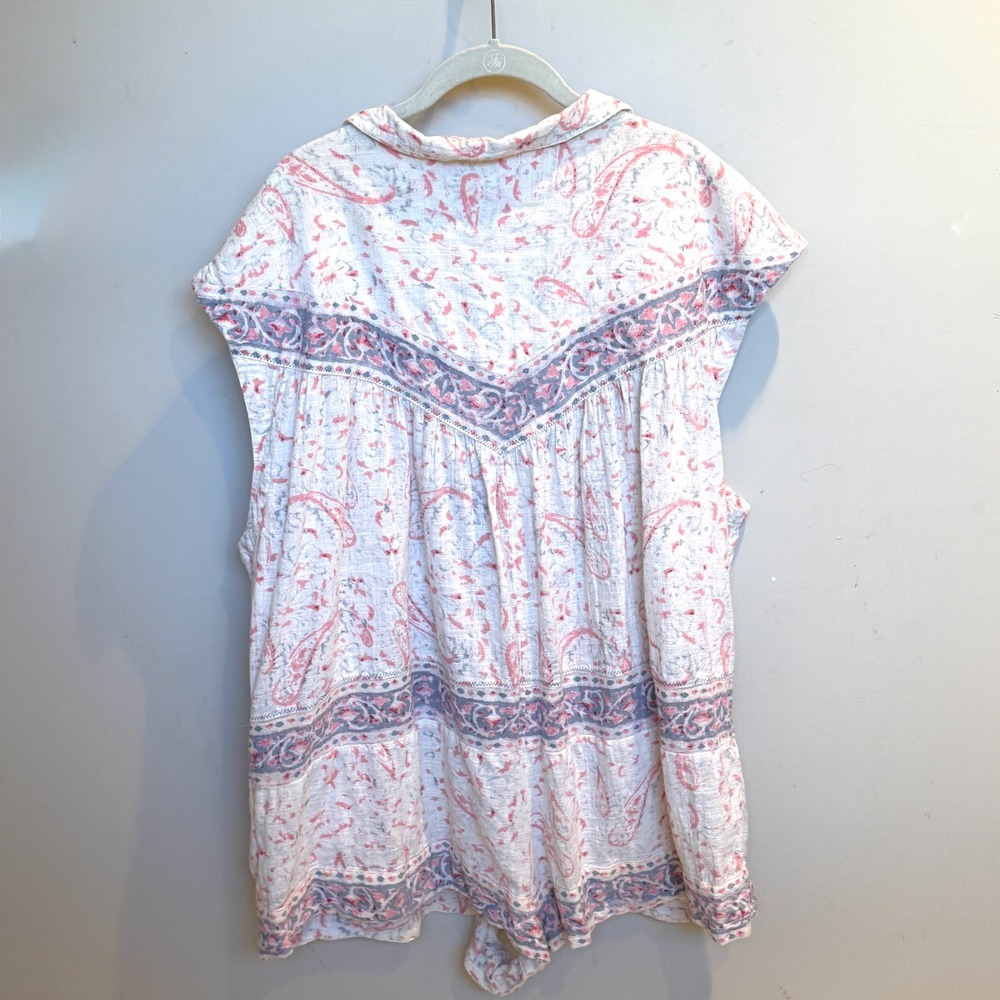 Free People XL Pink Blue Paisley Sleeveless Button Front Gauze Romper Pockets - Picture 6 of 7